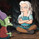 The sullen Bean, peppy Elfo, and bemused Luci sit crosslegged in a castle closet.